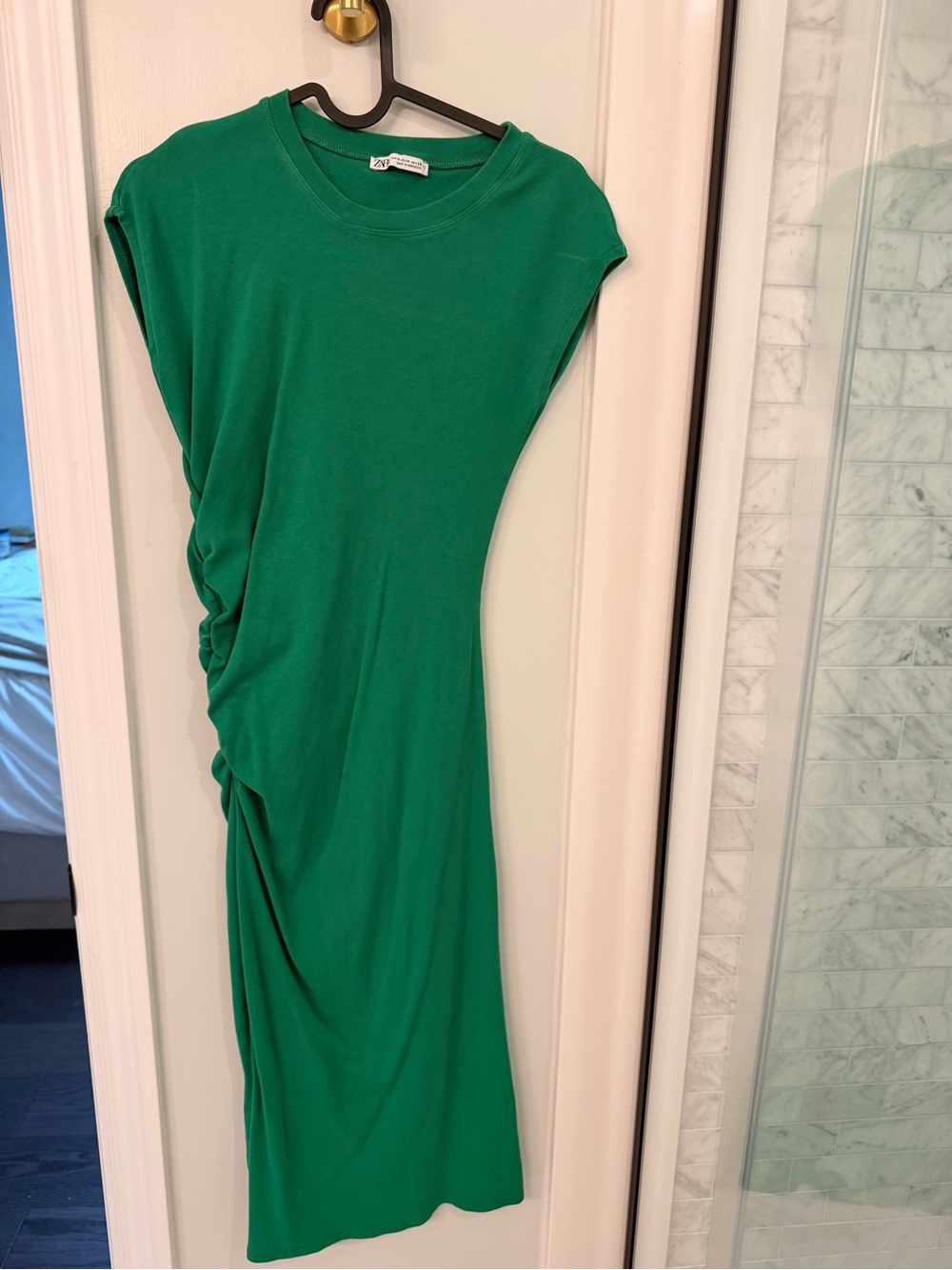 Zara Emerald Green Midi Dress with Side Ruched Detail